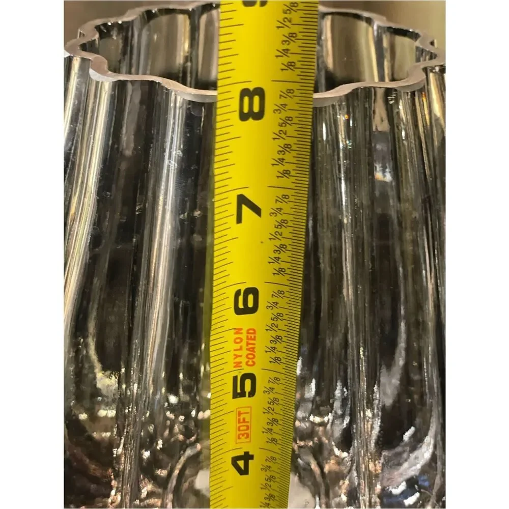Elegant Large Clear Glass Ribbed Vase - Home Accents (8”H - 7” W) W/Faux Flowers